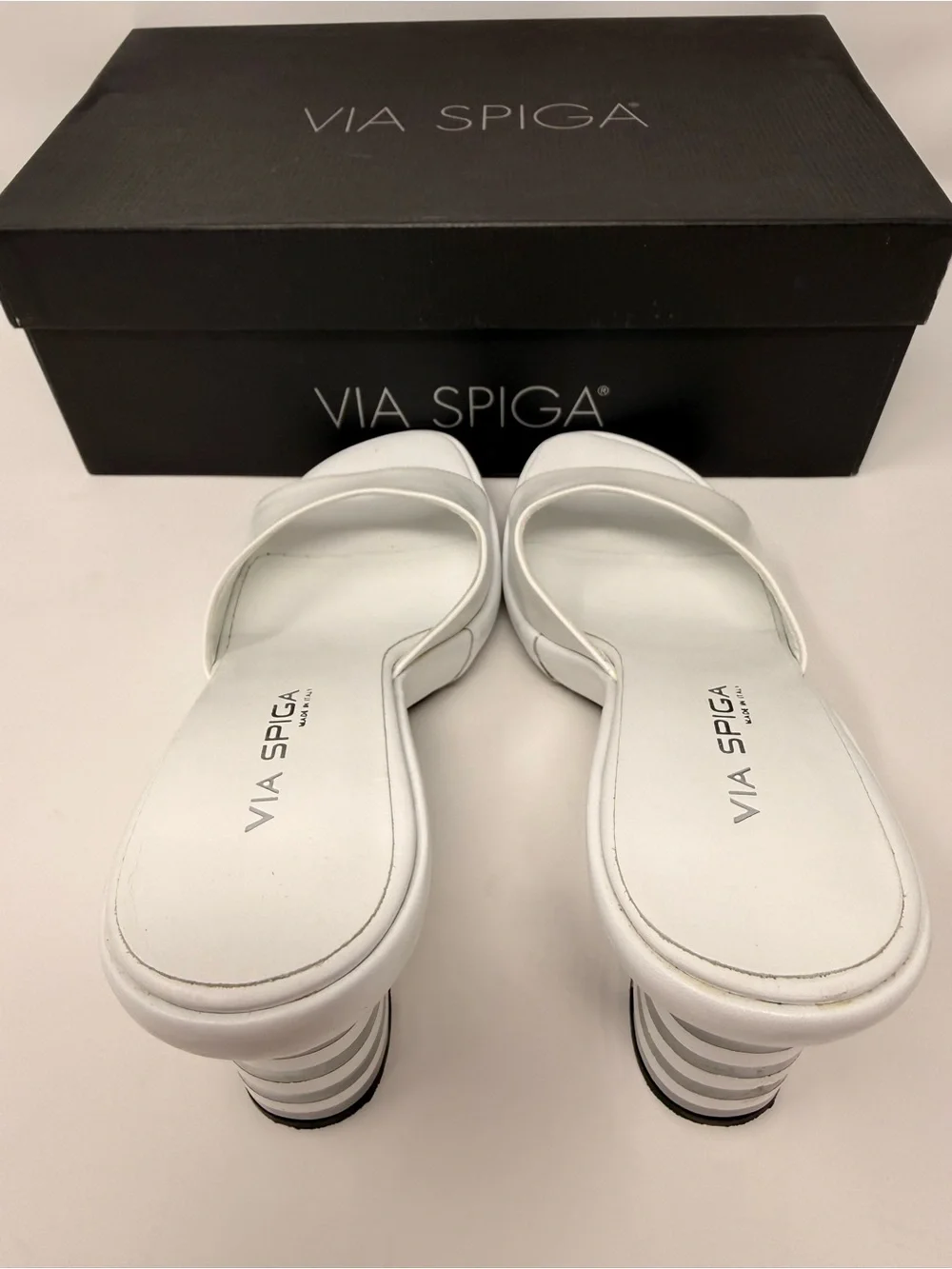 Via Spiga White Open-Toe Wedge Slide Sandals with Striped Heel